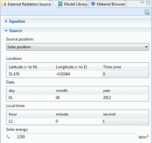 Solar position settings Solar position settings in COMSOL Multiphysics 4.3 Heat Transfer Module