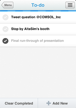 To-do list displaying sample items COMSOL Conference sample To-do list