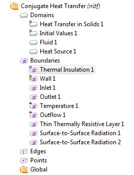 Conjugate Heat Transfer node plus sub-nodes Icons in COMSOL Multiphysics: Conjugate Heat Transfer node plus sub-nodes