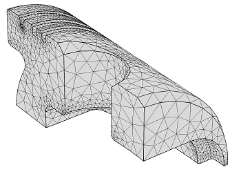 Piston geometry after mesh has been added A model of one-quarter section of a piston geometry after a Normal predefined mesh has been added