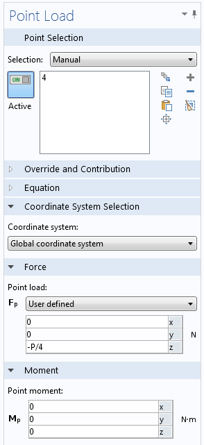 Point Load settings window