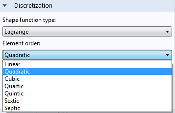 Screenshot of the Discretization settings showing Lagrange elements set to default