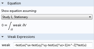 Weak form in COMSOL syntax Screenshot of entering the weak form within COMSOL syntax