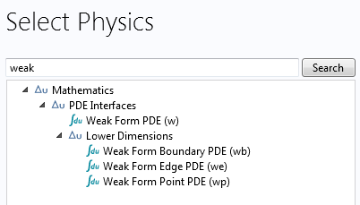 Weak form interfaces Screenshot of the available weak form interfaces in COMSOL Multiphysics