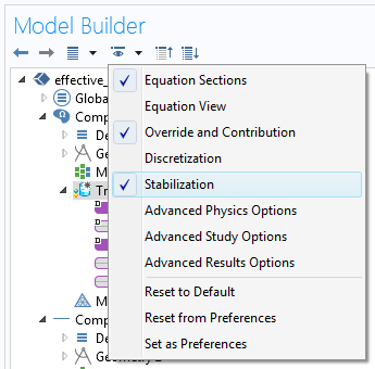 Stabilization settings Screenshot of the stabilization settings in COMSOL Multiphysics