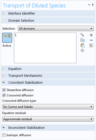 Transport of Diluted Species interface Screenshot of the stabilization settings as seen in the Transport of Diluted Species interface