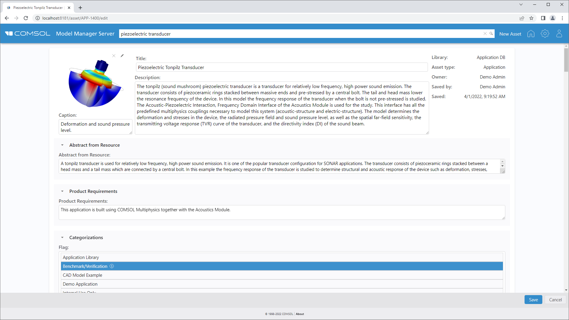 Ein Screenshot der Asset-Seite eines Photoakustischen Resonators mit Miniaturbild, Beschreibung, Produktanforderungen und mehr