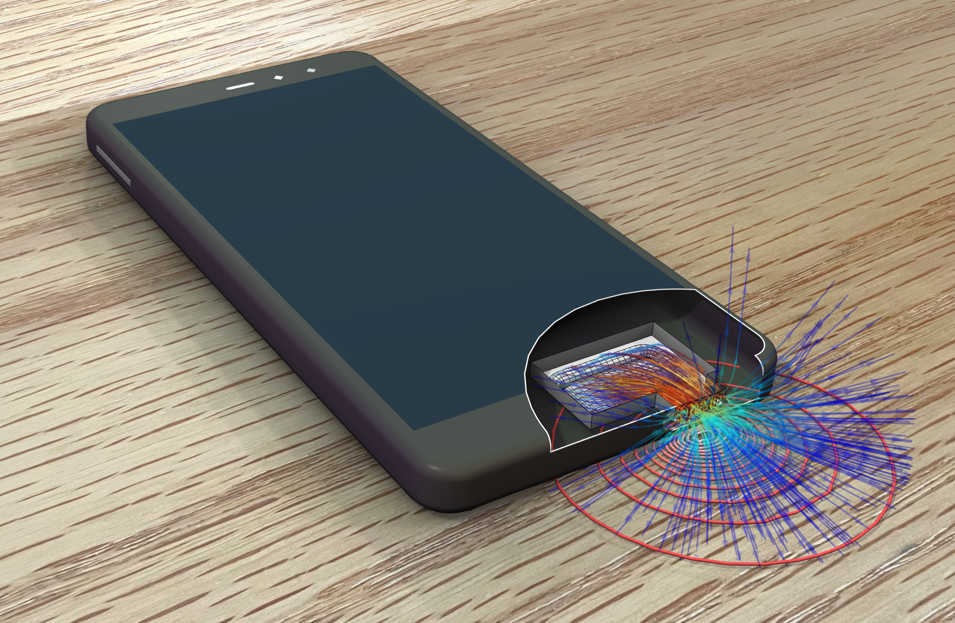 A model of a smartphone on a tabletop visualizes the radiated intensity from the microspeaker.