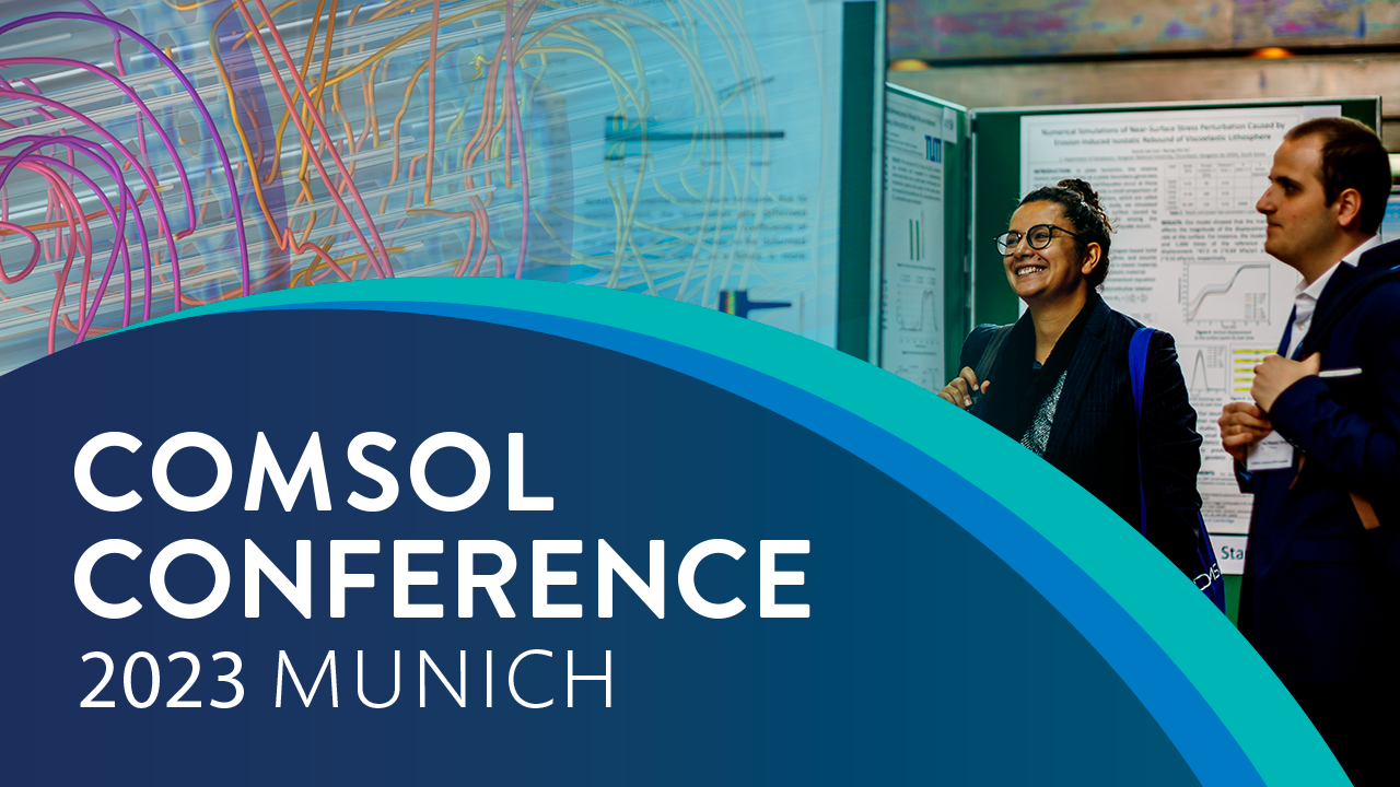 An advertisement for the COMSOL Conference 2023 Munich event showing attendees engaged in a poster showcase.