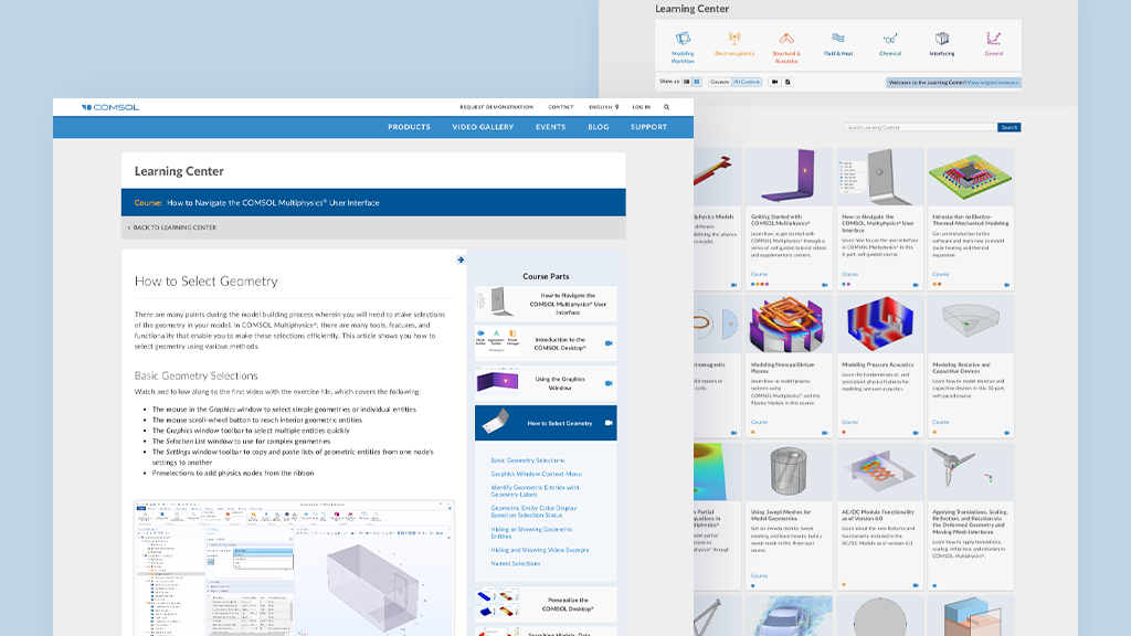 Two screenshots of the Learning Center on the COMSOL website