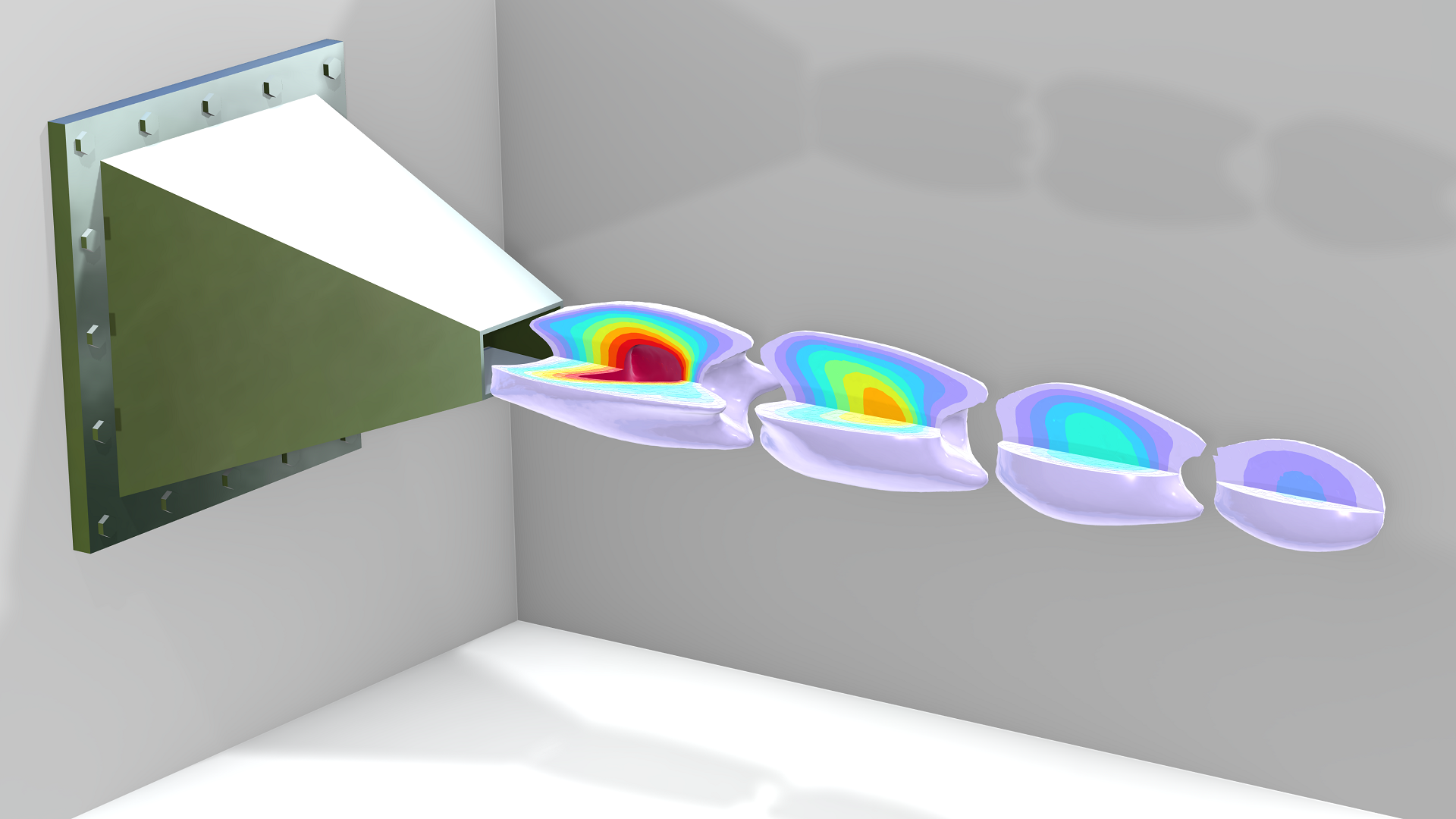 title="" alt="Модель течения из сопла ПВРД показана в виде изоповерхностей с использованием цветовой палитры Prism".