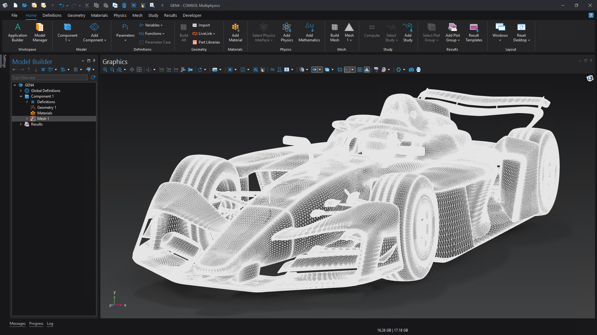 The COMSOL Multiphysics UI showing the Model Builder with the Mesh 1 selected and a mesh of the GEN4 Formula E car in the Graphics window.