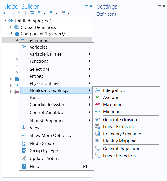 The COMSOL Multiphysics UI showing the Model Builder with the Definitions node and the expanded Nonlocal Couplings menu.