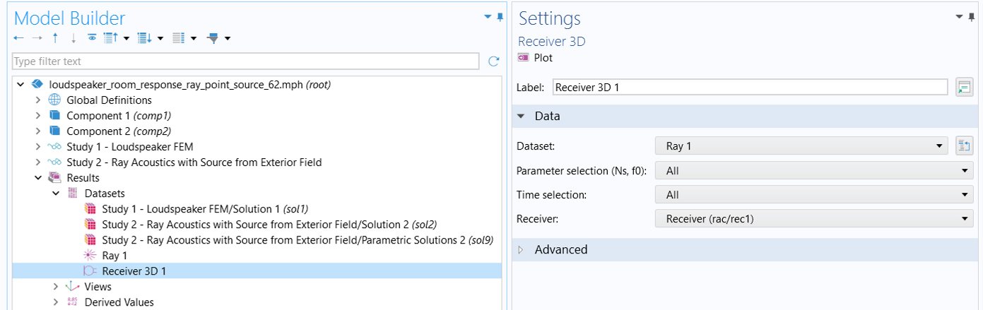 The settings window for Receiver 1 is shown with Ray 1 dataset selected.