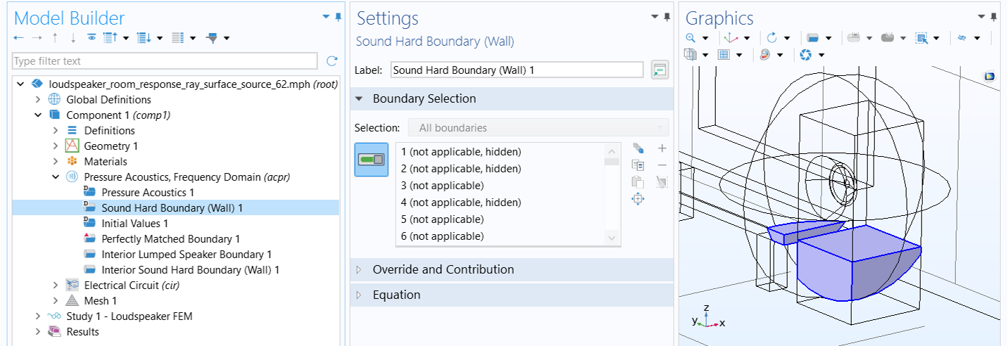The sound hard boundaries within a wireframe sphere are shown in blue for a speaker.