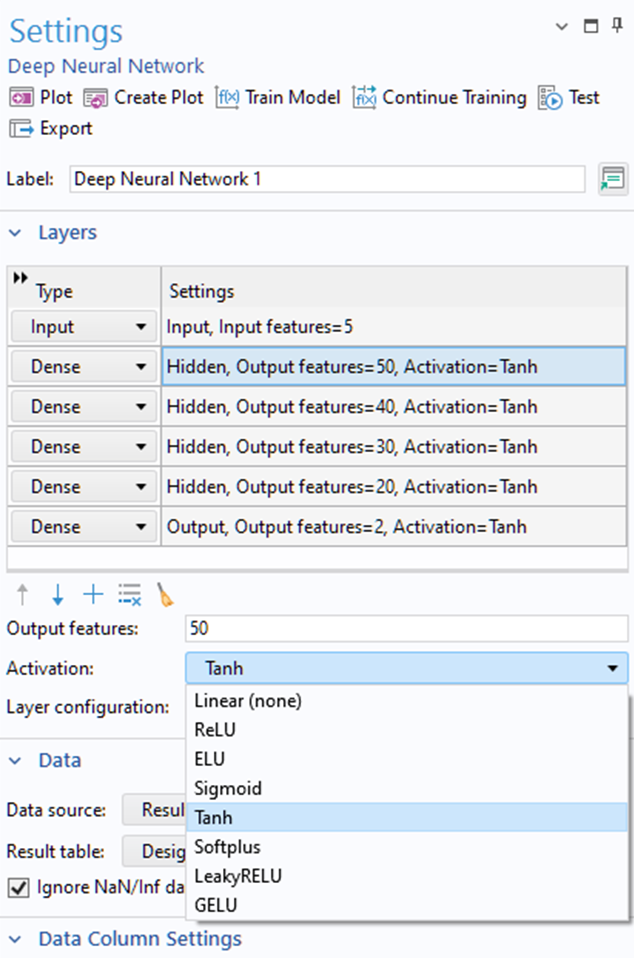 The Settings window for the Deep Neural Network function, with the Layers section and Data section expanded.