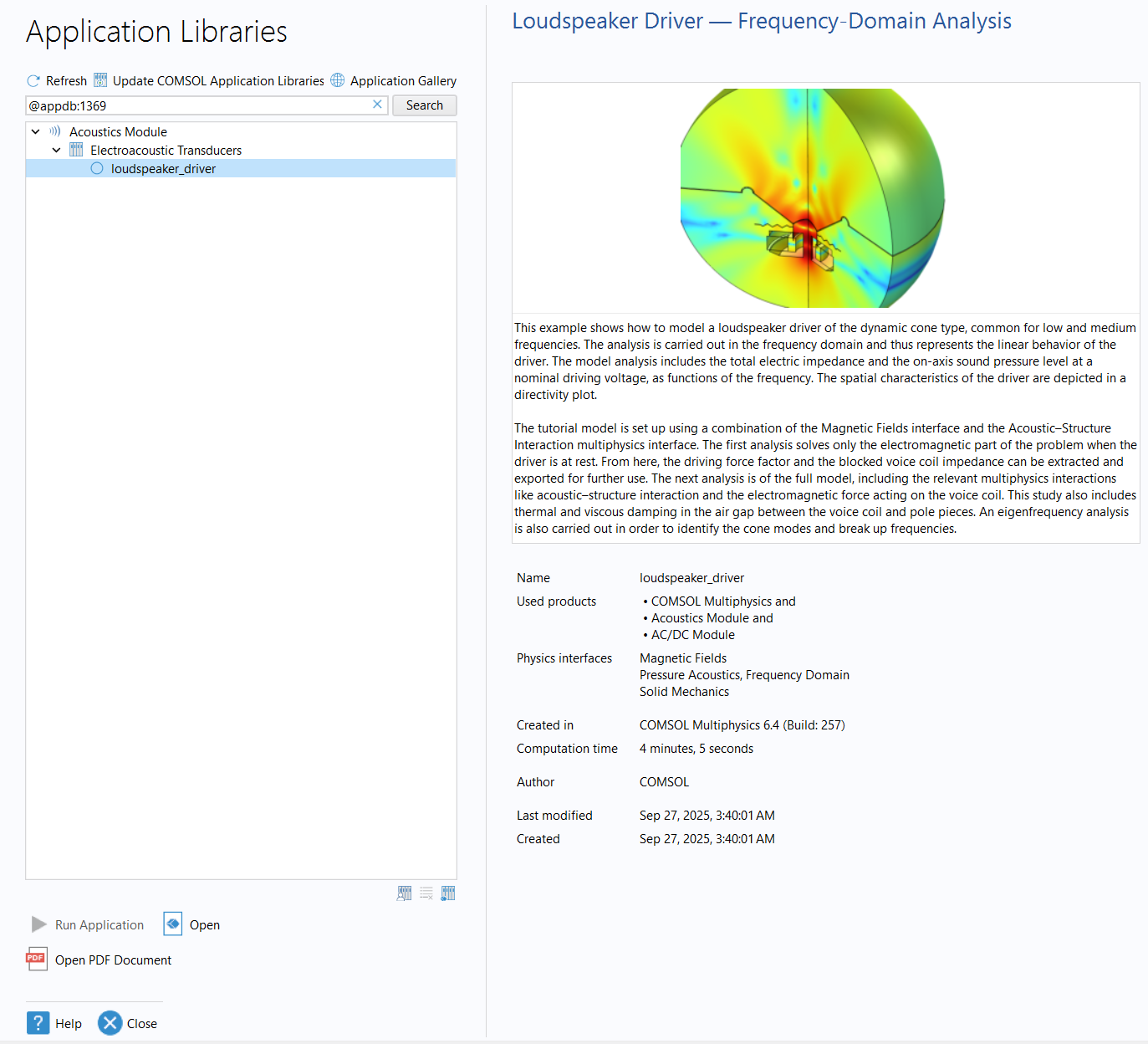 The Application Libraries UI with the selected Loudspeaker Driver model.