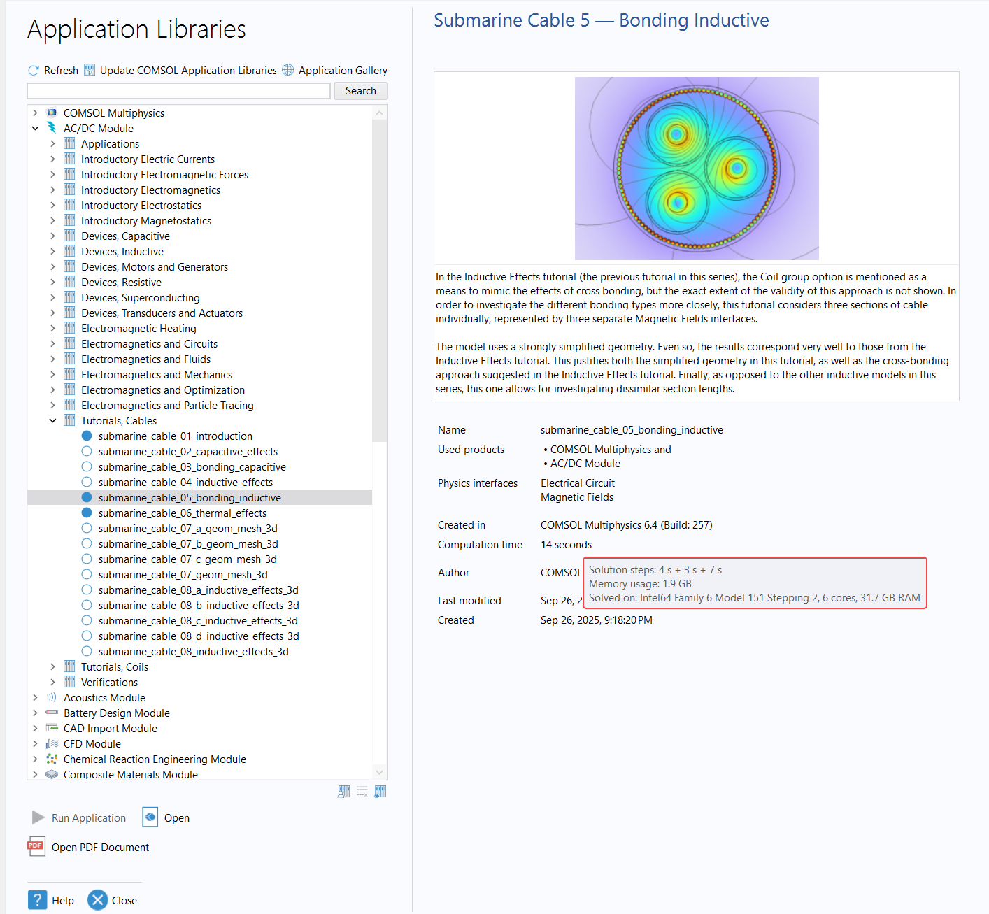 Application Libraries window with the Tutorials, Cable folder expanded within the AC/DC Module branch Submarine Cable 5 — Bonding Inductive model file selected.