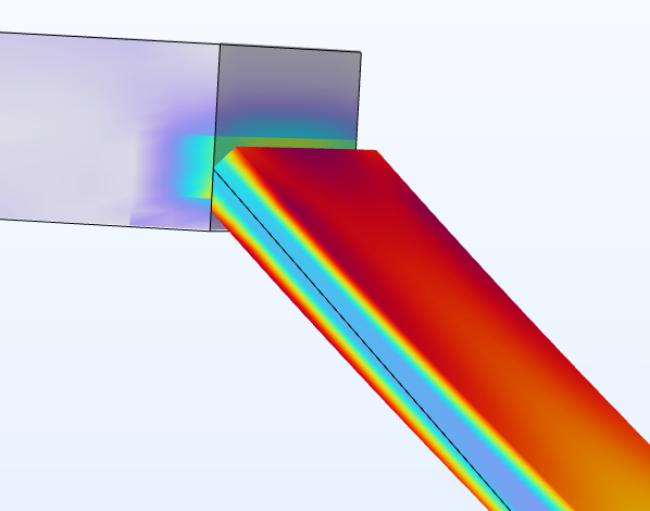 A close-up view of a block with a prism color distribution and a slanted block with a rainbow color distribution connected to its right side.